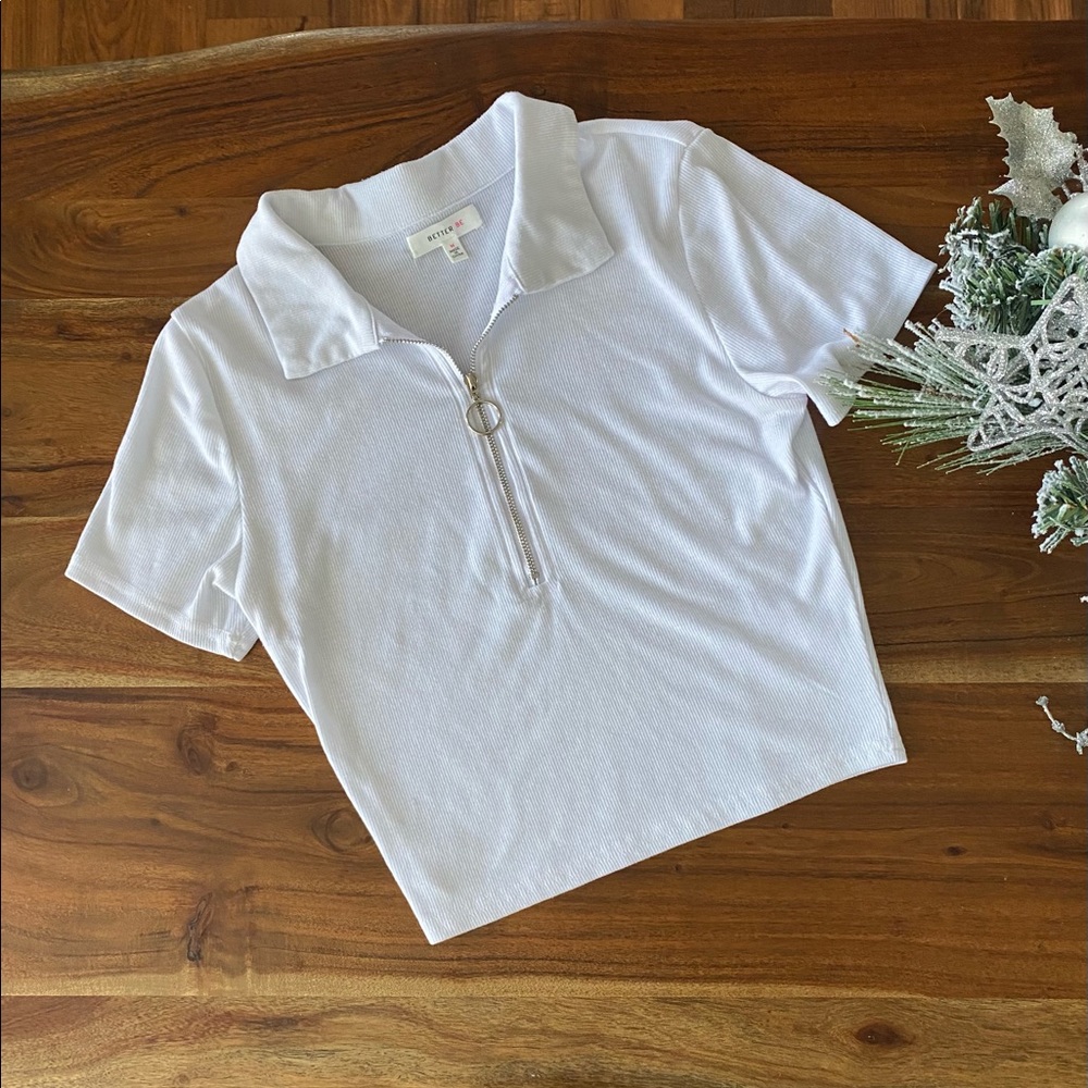 White front zip-up crop top with collar